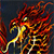 A pixelated figure with flowing red and orange hair, glowing yellow eyes, and a golden body against a dark background.