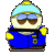 Pixelated character in blue jacket with yellow accents, light blue beanie, and dark sunglasses against gray background.