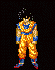 Pixel art character in orange martial arts uniform with blue accents, shown in multiple poses and backgrounds including black, white, gray, and brown.