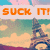 Animated pixel art of the Eiffel Tower against a pastel sky with clouds, featuring text overlays and a blue exclamation mark icon.