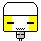 Pixelated character with white top, yellow side , black horizontal eyes, and checkered mouth; right side has pink cross symbol