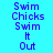 Pixelated text "Swim Chicks Swim It Out" on cyan background with green highlight bars shifting