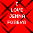 Red background with black diamond-shaped lines and white pixelated text reading "I LOVE JENNA FOREVA" in four identical quadrants.