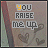 Pixelated icon with 'YOU RAISE me UP' text over a background of faint heart outlines and vertical stripes.