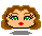 Pixelated avatar with brown curly hair, green eyes, red lips, and a gray shadow beneath the head.
