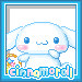 A white, rabbit-like character with blue eyes and pink cheeks appears in multiple poses holding a golden object or star, with 'cinnamoroll' text below.