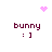 Pixelated pink heart and starburst icons appear above four identical 'bunny : ]' text blocks with maroon lettering on white background.