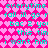 Pixelated text repeats across a pink heart-patterned background with cyan lettering.