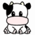 A cartoon cow with black and white patches, pink nose, small horns, and patterned legs sits in a static pose.