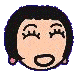 Pixelated cartoon face with closed eyes and pink earrings, showing two expressions: open mouth on left, smiling mouth on right.