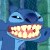 Static pixelated image of a blue cartoon character with large eyes and an exaggerated wide mouth showing teeth, set against a blurred greenish background.