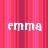 Pixelated text 'emma' appears in three positions on a vertical striped background with red and pink hues, with the bottom text partially obscured by a gray rectangle.