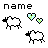 Pixel art icon featuring 'name' text above two sheep and two heart shapes with blue-green gradients on white background.