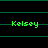 Green pixelated text 'Kelsey' on black background with horizontal green lines, displayed in a of six identical instances