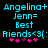 Pixelated cyan text on black background reads 'Angelina+ Jenn= Best Friends<3[:' with pink heart symbols below.