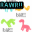 Pixelated dinosaur-themed icon with text overlays and color variations