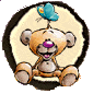 Animated cartoon teddy bear with light brown fur and purple nose sits in circular frame, blue butterfly moves around its head.