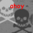 Two grayscale skull-and-crossbones icons with red text above each skull; left reads 'ohoy', right reads 'maties' in pixelated font.