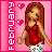 Pixel art of a female character with long brown hair in a red top and white shorts, standing against a pink background with hearts and vertical text.