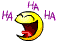 Yellow crescent-shaped character with red mouth and tongue laughing, surrounded by purple 'HA' text on gray background.