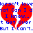 Red broken heart shapes with blue text reading "Doesn't love what can I do I know... Get Over But I Can't." on white background.