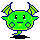 Green pixelated character with blue outline and green horns in nine distinct poses showing facial expressions, body angles, and limb positions against gray background.