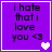 Purple square with black text reading "i hate that i love you <3" and white pixelated heart symbols in four variations.