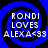 Four identical blue spiral backgrounds with white text reading 'RONDILLOVES ALEXA<33' in a