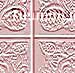 Four square panels display pixelated architectural patterns with swirling motifs in pink, white, and brown tones on a textured background.