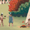 Pixel art scene of three figures in tribal attire with feathered headdresses, one holding an axe and another tending a fire near teepees.
