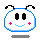 Two pixel art frames of a blue and white cartoon character with black antennae, pink cheeks, and changing facial expressions on a gray background.
