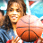 Pixelated static image of a person holding an orange basketball with visible blue and red background elements.