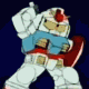 Animated sequence of a white and blue robot with red accents performing a walking motion against a dark blue background.