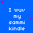 Blue background with repeated white text "I wuv my sammi kindle" in four , scattered pink and purple stars