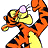 Pixelated cartoon tiger in orange and black stripes with yellow belly, holding a pink object near its face, set against white and black background with text.