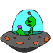 Green alien in a blue dome on a gray UFO with orange accents, showing sequential head and body movements