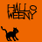 Orange background with black 'HALLOWEENY' text and black cat silhouette; one cat is partially cropped by a gray rectangle.