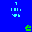 Blue square with green border containing light blue text "I WUV YEW" and a green Pac-Man-like icon in the bottom-right corner.