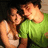 A pixelated image of two people embracing, with text overlays in blue and purple fonts.