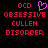 Pixelated red text on black background with a purple heart symbol above the word 'OCD' in two identical side-by-side