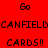Red background with black pixelated text reading 'Go', 'CANFIELD', and 'CARDS!!' arranged in a pattern, some text partially obscured by white rectangular overlays