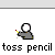 A static icon shows a gray figure with a white head tossing a pencil, with four identical copies arranged in a below text reading "toss pencil"