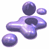 Animated sequence of purple liquid shapes with spherical elements shifting positions