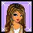 Pixel art contact sheet of a female character with long brown hair in three poses and text panels on purple backgrounds, arranged in a 3x3 grid with one empty gray cell.