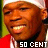 Pixelated static image of a smiling person in red clothing with white text "50 CENT" at the bottom, displayed as a 48x48 buddy icon on a gray background.