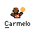Pixel art of a dark-skinned figure in an orange headband and blue-orange shirt holding a yellow checkered ball, with 'Carmelo' text below on gray background.