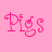 Pixel art contact sheet showing two pig icons with sunglasses on a pink background, one as standalone and one inside a heart shape, with text "Pigs are cool" above them.