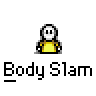 Animated contact sheet of a yellow stick figure performing body slam actions with text labels beneath each frame.