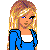 Pixel art buddy icon featuring a blonde female character in blue top and dark pants with pink text "Julie" on black background.