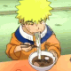 A character with spiky yellow hair and orange clothing eats from a white bowl with chopsticks, seated at an orange table against a green background.